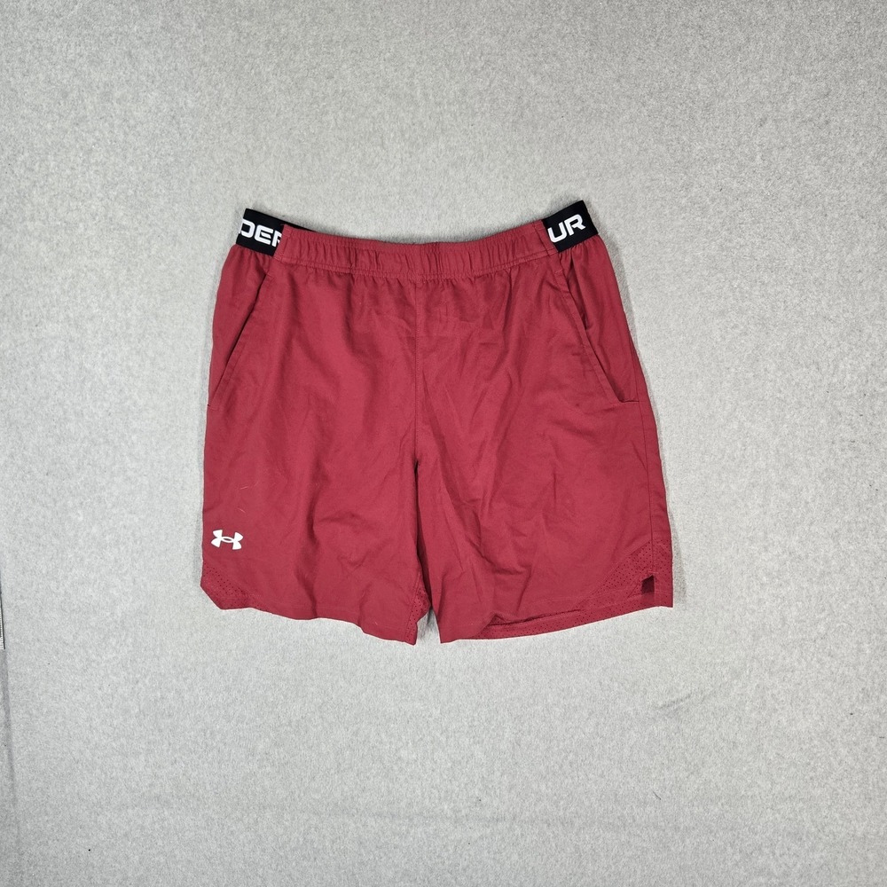 Under Armour Men Activewear Shorts XL Red Athletic Logo Fitted Pockets 9" Inseam